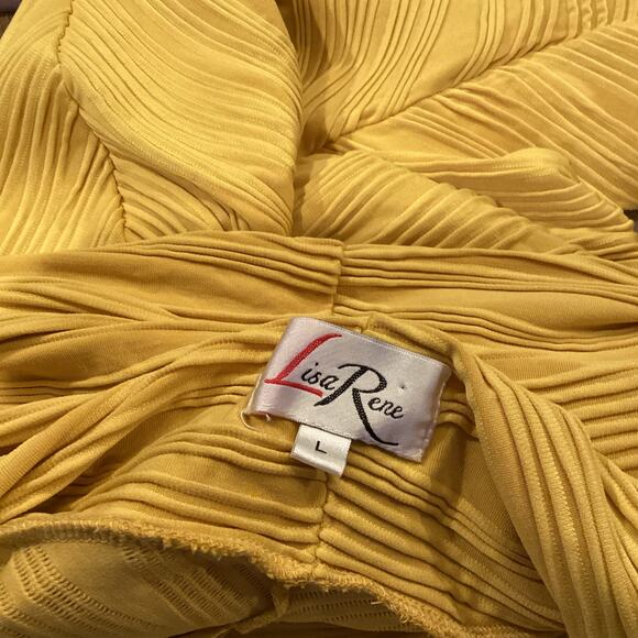 Vintage Lisa Rene cowl neck 3/4 sleeve yellow swirl pattern tunic mini dress L - Picture 9 of 10